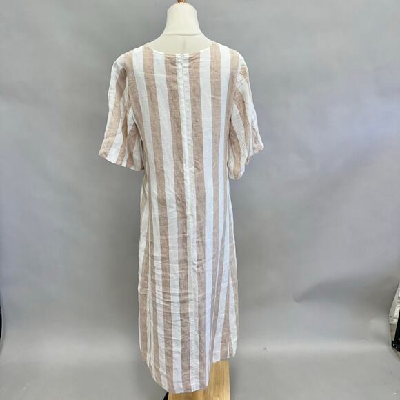 Everlane Linen A-Line Midi Dress Bone White/Caramel Stripe Size 8 Boxy Lagenlook - Picture 10 of 15